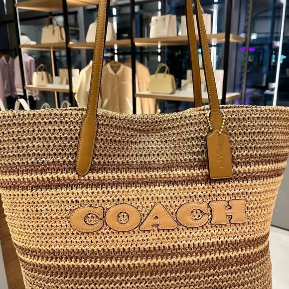 NWT COACH Straw and smooth leather City Tote Bag CBG87 Im/Honey Brown Multi - Picture 2 of 6